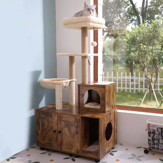 58" 5-Tier Cat Tree, Cat Litter Box Enclosure, Cat Scratching Post, Brown